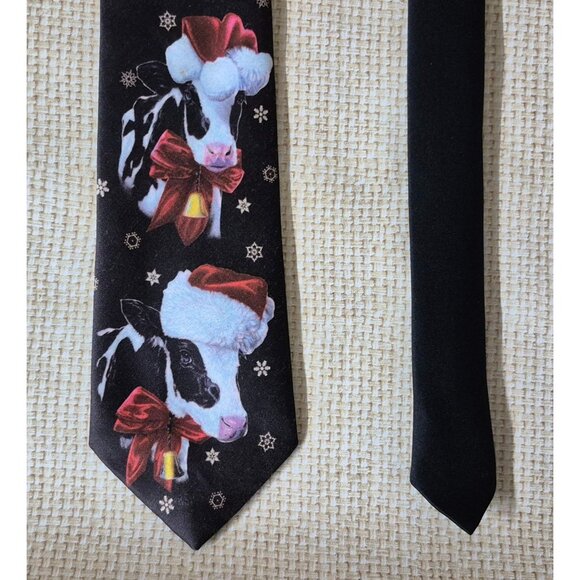 Ralph Marlin Vintage 1992 Novelty Tie Christmas Design Santa Hat Cows Black - Picture 2 of 6